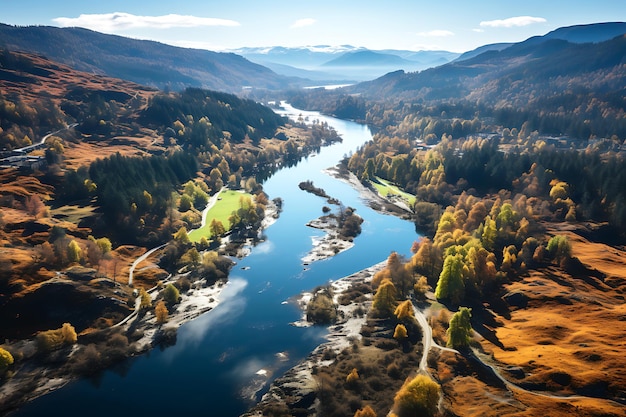 View from a height of a valley in which a wide river flows between banks with dense forests