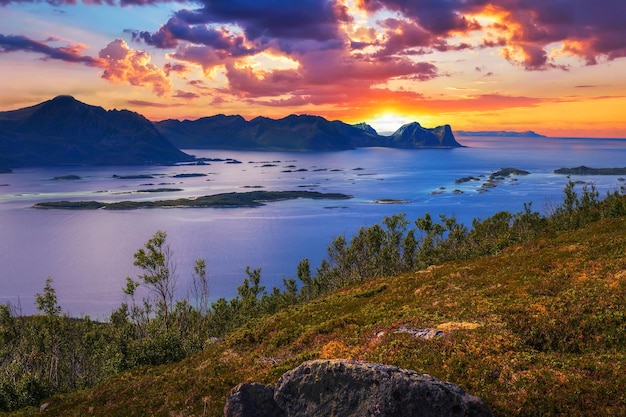 View from the husfjellet mountain on senja island in northern norway at sunset