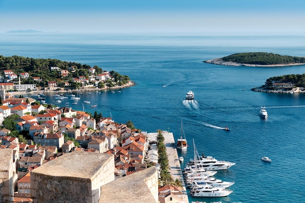 View from Hvar old fortress stunning panorama of town harbor coastline from above