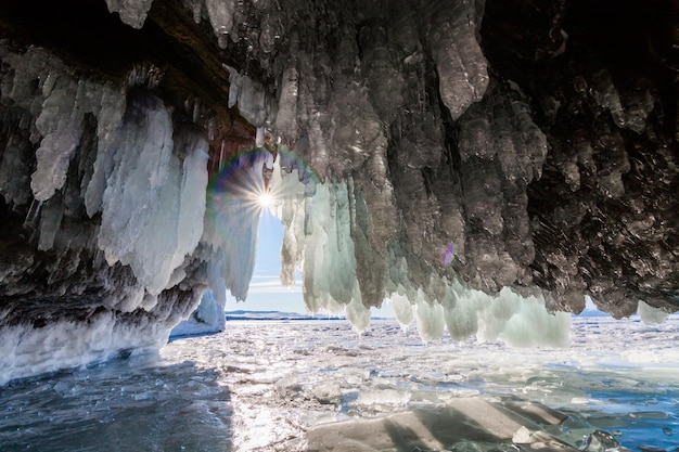 View from the ice grotto at sunrise lake Baikal