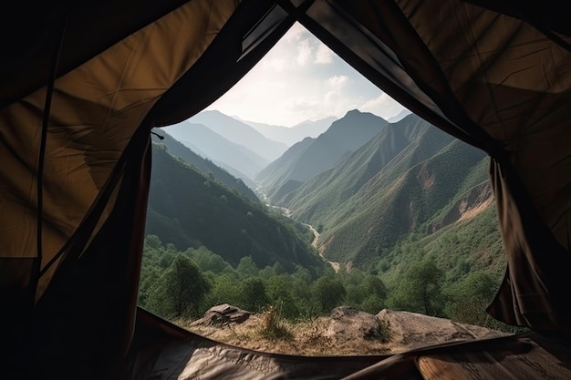 View from inside tent to mountain landscape Generative ai