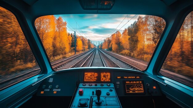 Photo view from inside the train on the flight and autumn landscape