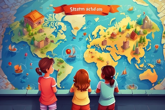 Photo view from above kids looking at large map stock illustration