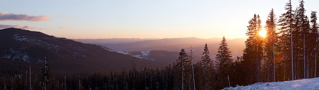 View from above mesmerizing picturesque landscape of mountain ranges covered with dense and snowy fir forests against the setting sun on a clear winter evening