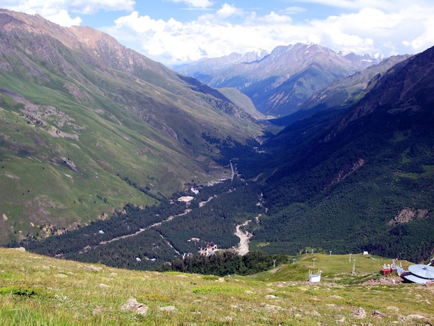 View from Mount Cheget to valley and mountain river Baksan, Baksan gorge Caucasus Kabardino-Balkaria