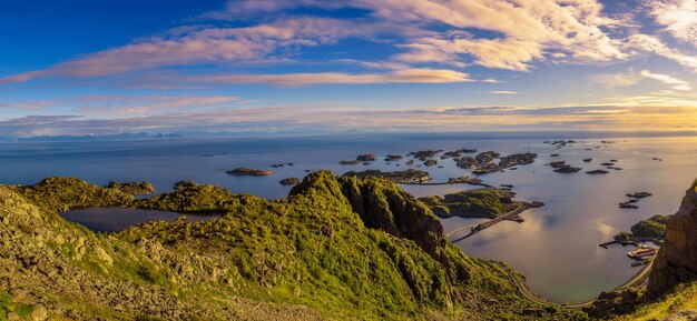 View from mount Festvagtinden above the village of Henningsvaer in Norway