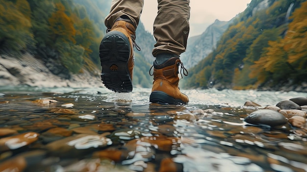 Photo view from mountains hiking hiker traveler landscape adventure nature outdoors sport background panorama close up of feets with hiking shoes from a man or woman walking in the river