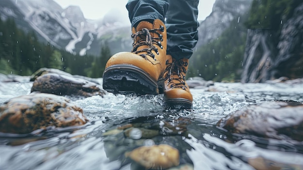 Photo view from mountains hiking hiker traveler landscape adventure nature outdoors sport background panorama close up of feets with hiking shoes from a man or woman walking in the river