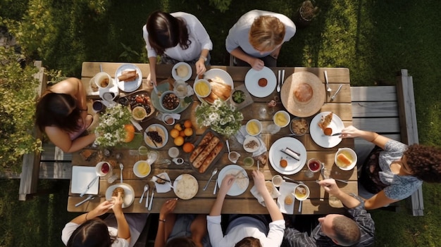 View from above of a multicultural gathering of friends having a bright outdoor breakfast Generative AI