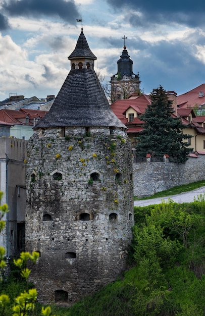 View from Novoplanivskiy Bridge to to medieval towers of KamianetsPodilskyi old town fortress one of the most popular towns for travel in Ukraine