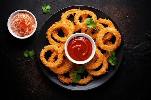 View from above of onion rings and ketchup on dark surface