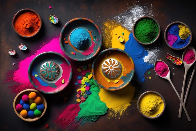 A view from above of a plate of colorful powder The concept of the Holi festival AI Generation