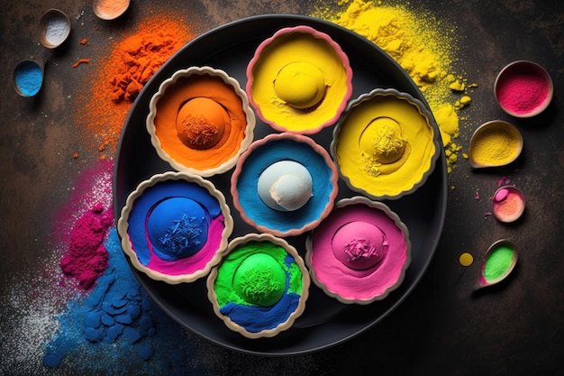 A view from above of a plate of colorful powder The concept of the Holi festival AI Generation