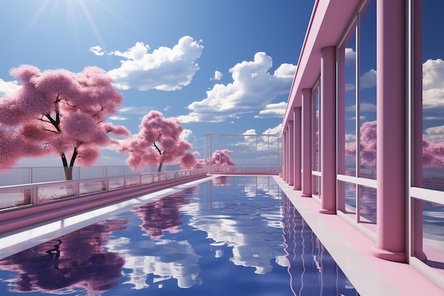 A view from the pool and sky is shown in the style of vaporwave AI generative