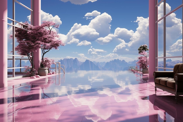 A view from the pool and sky is shown in the style of vaporwave AI generative