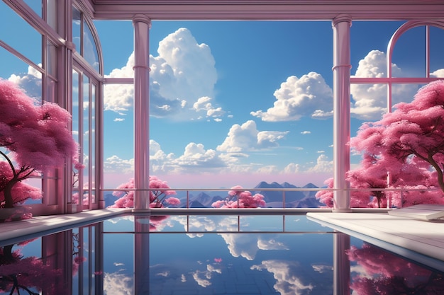 A view from the pool and sky is shown in the style of vaporwave AI generative