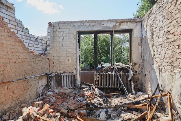 View from the ruined houses on the street after the air raid