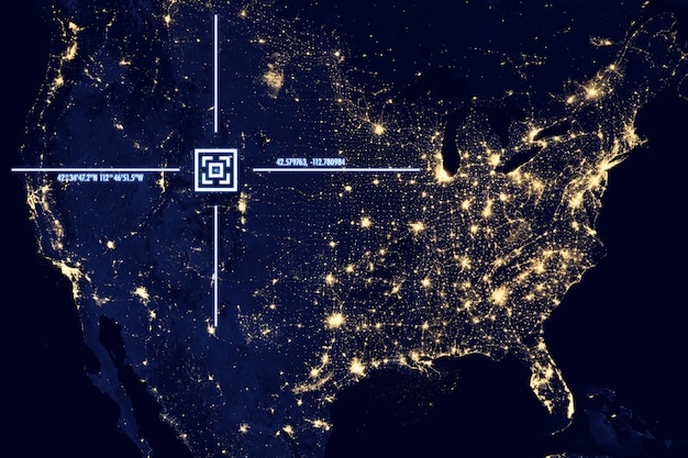 A view from satellite on the earth surface, geolocation, gps coordinates. 