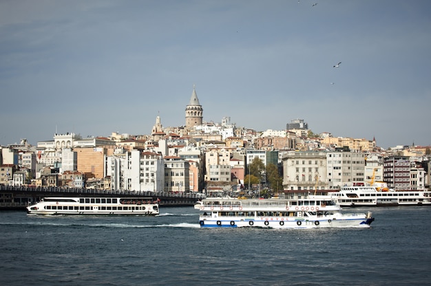 View from the sea to the city of Istanbul, Galata Tower, Golden Horn, boats, hills and seagulls. Calm sea