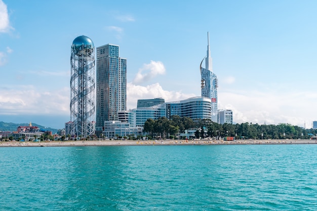 View From Sea To Resort Town Cityscape With Skyscrapers And Alphabet Tower in Batumi