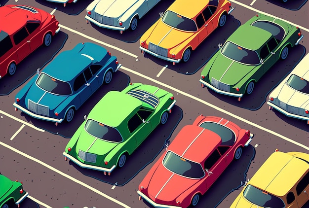 View from above of several colored automobiles in a parking lot