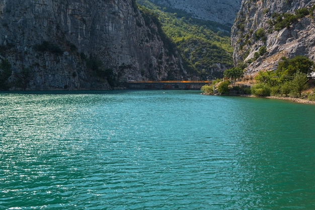 View from Shkopet Lake reservoir shore Lake Ulza Nature Park Diber County Balkan mountains Albania Europe