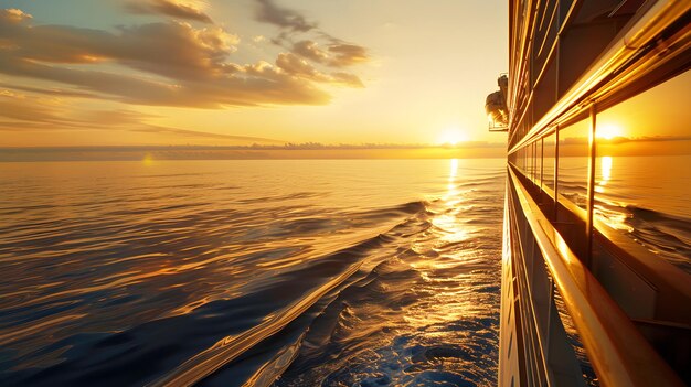 Photo view from the side of a cruise ship at sunset