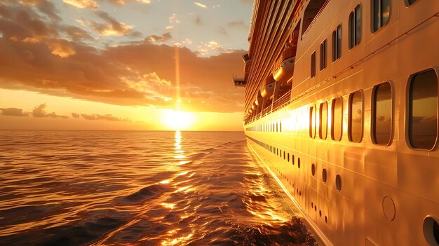 Photo view from the side of a cruise ship at sunset