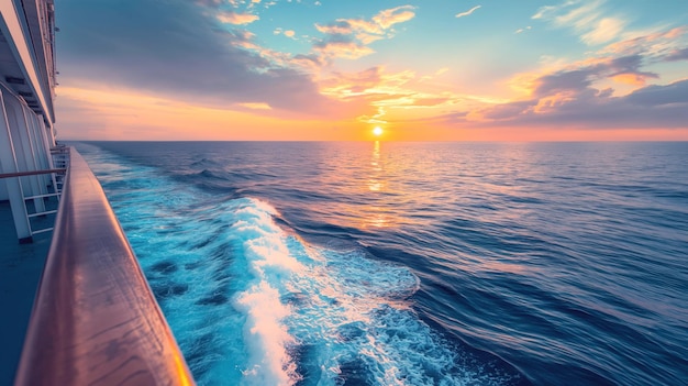 Photo view from the side of a ship over the ocean during a sunset with the sun casting orange light across the sky and reflecting on the water