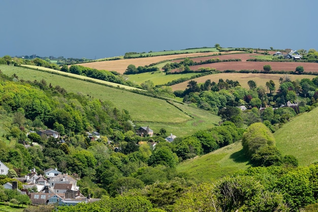 View from the South West Coastal Path near Thurlestone towards Buckland village in Devon