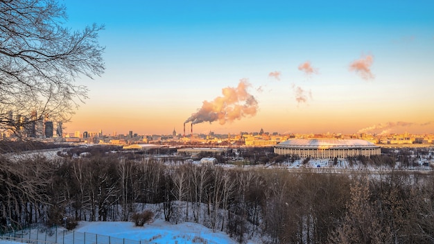 View from the Sparrow Hills in Moscow at the Luzhniki Stadium at winter sunset