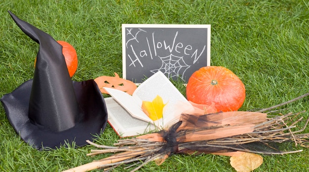 The view from the top, broom, book, leaves, spider, witch hat. Halloween. Composition