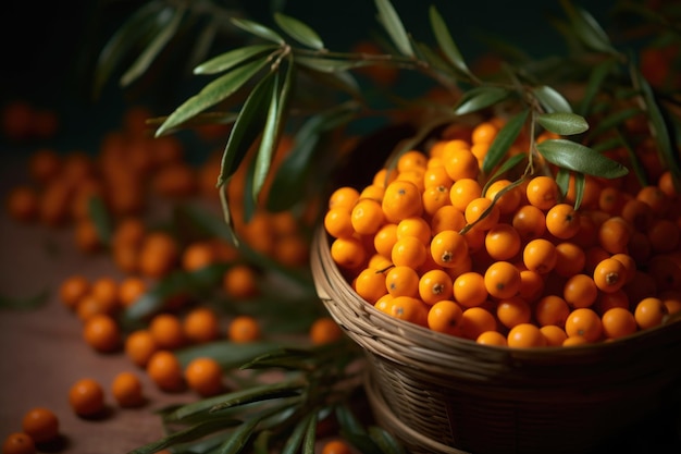 View from top close look of fresh Sea buckthorn berries