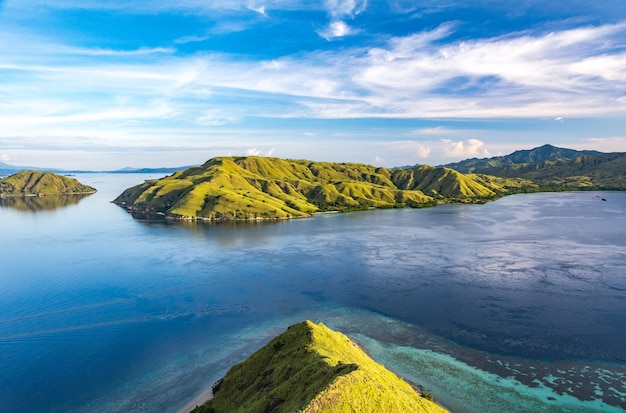 View From The Top of Gili Lawa Darat Island in the Evening with Blue Sky and Blue Sea 