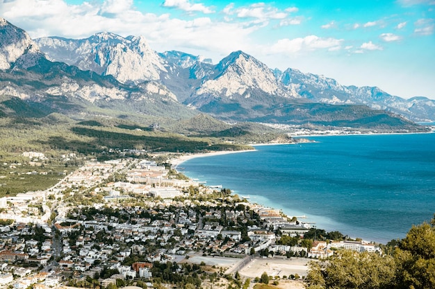 View from the top of the mountain to the city of Kemer the Mediterranean Sea and mountains