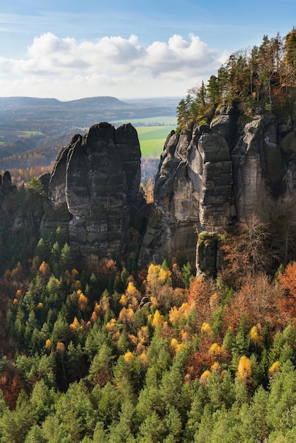 View from the top to the rocks of Saxon switzerland national park morning in the mountains