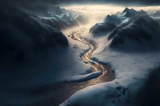 view from the top where water is flowing between snow covered mountains