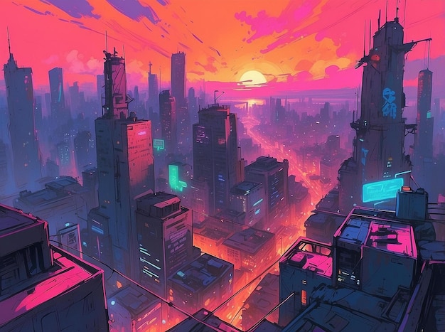 view from topCyberpunk cityscapesunset