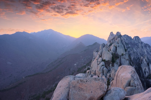 View from Ulsanbawi rock peak on sunset Seoraksan National Park South Corea