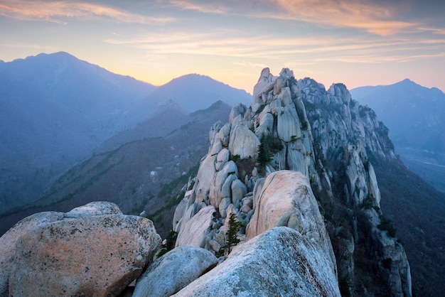 View from Ulsanbawi rock peak on sunset Seoraksan National Park South Corea