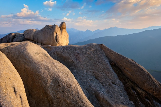 View from Ulsanbawi rock peak on sunset Seoraksan National Park South Corea