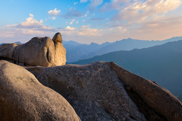 View from Ulsanbawi rock peak on sunset. Seoraksan National Park, South Corea