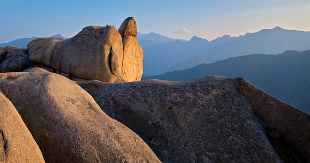 View from Ulsanbawi rock peak on sunset. Seoraksan National Park, South Corea