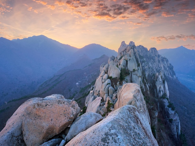 View from ulsanbawi rock peak on sunset seoraksan national park south corea