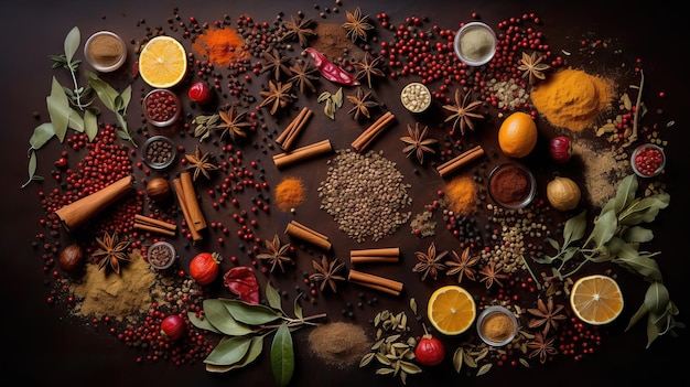 View from above of various cooking spices placed on the table with generative ai