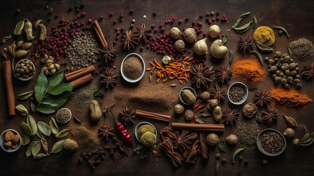 View from above of various cooking spices placed on the table with generative ai