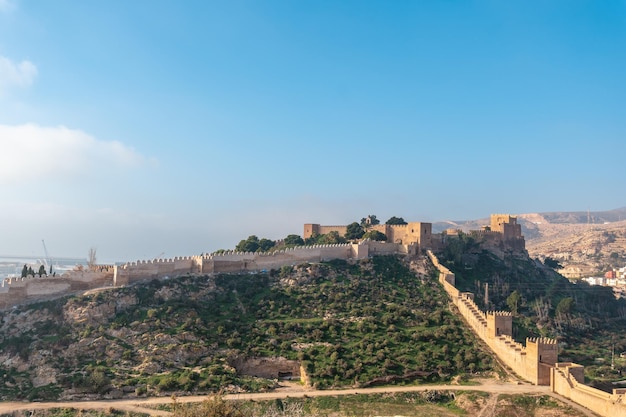 View from the viewpoint of Cerro San Cristobal de la Muralla de Jairan and the Alcazaba the town of Almeria, Andalusia. Spain. Costa del sol in the mediterranean sea