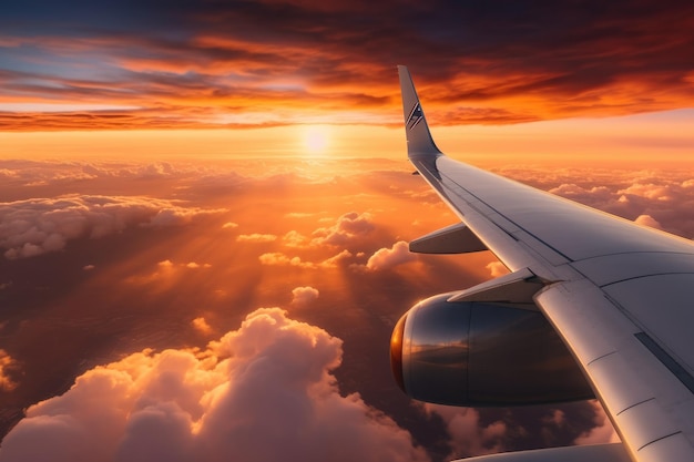 View from the window of an airplane on a sunset