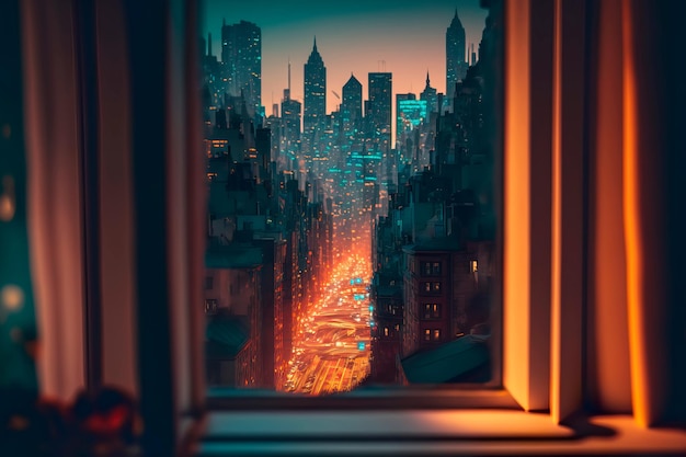 View from the window on a big luminous city Generative AI