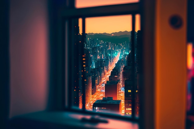 View from the window on a big luminous city Generative AI